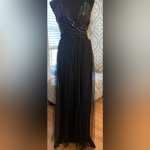 Black Sequin Wrap Dress with V-Neck - Picture 1 of 5